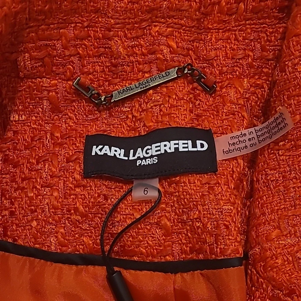 NWT KARL LAGERFELD PARIS ORANGE TWEED DOUBLE BREASTED BLAZER - Picture 10 of 14